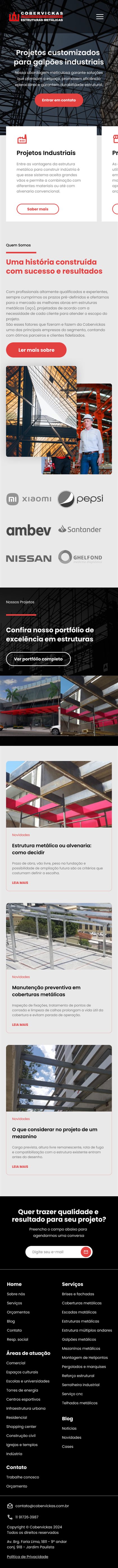 Home da Cobervickas em versão mobile, com os segmentos em carrossel e o conteúdo em coluna única.