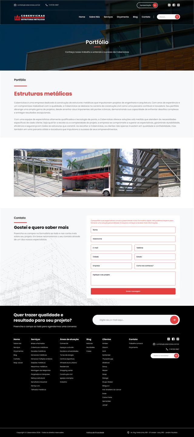 Página de portfólio, com a faixa de fotos de obras executadas e o formulário de contato.