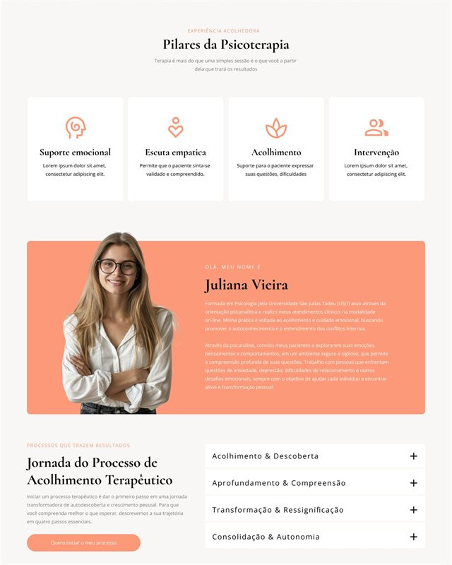 Bloco Pilares da Psicoterapia, com quatro cartões: suporte emocional, escuta empática, acolhimento e intervenção.