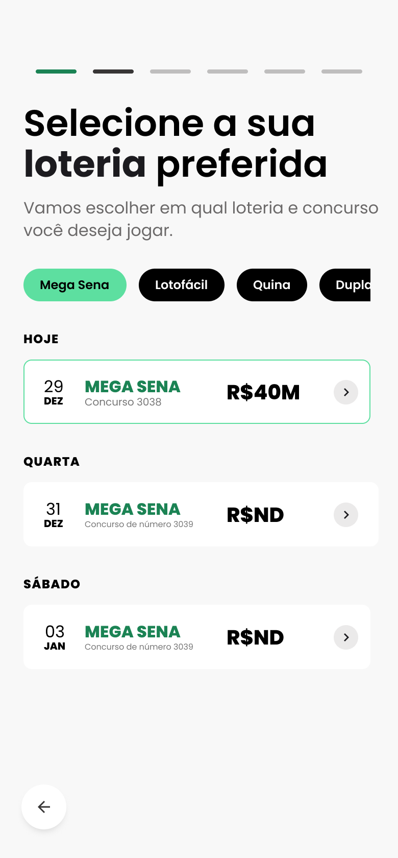 A mesma tela com o concurso da Mega Sena de 29 de dezembro selecionado, destacado por contorno verde.