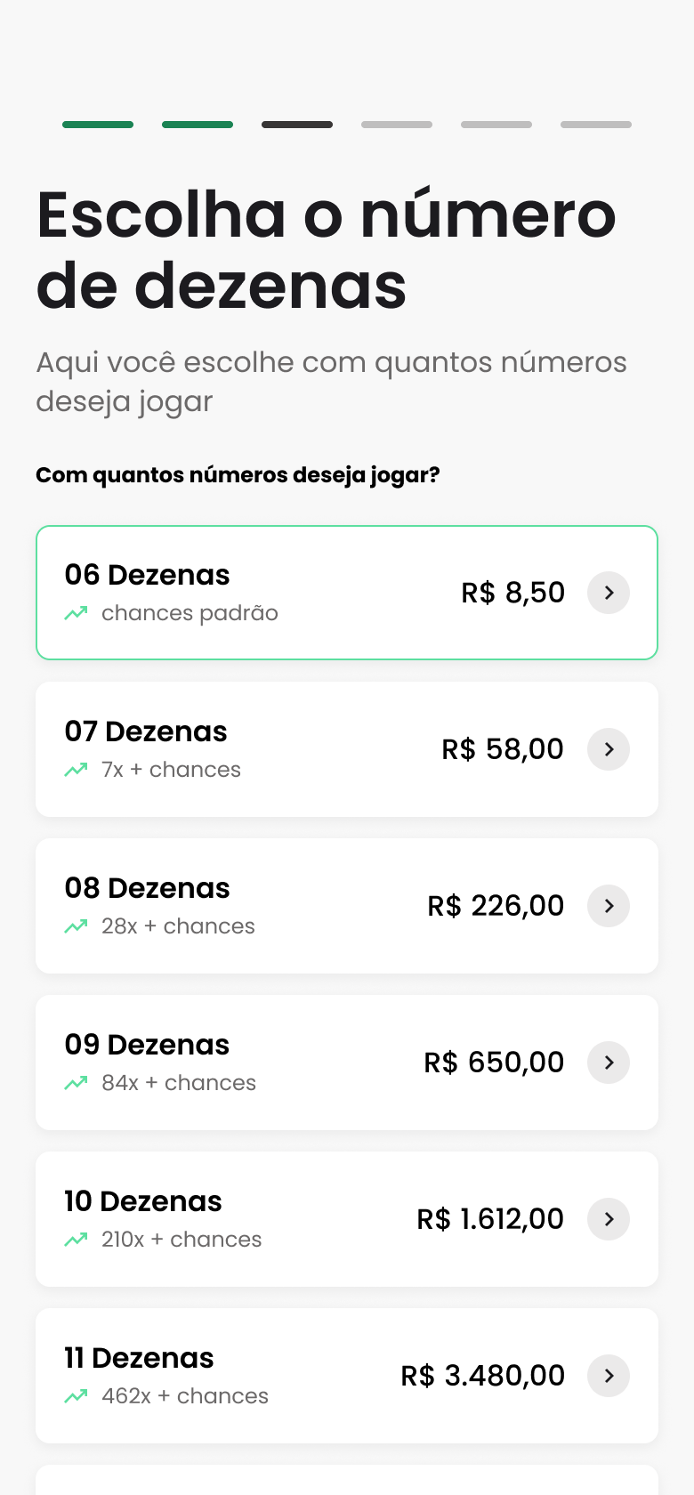 A mesma lista com a opção de 6 dezenas selecionada.