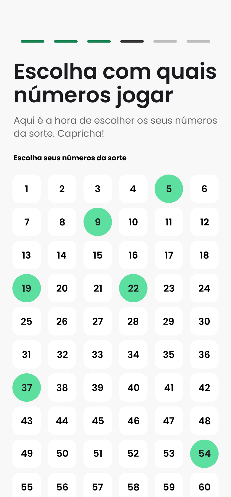 Volante de 1 a 60, com as dezenas escolhidas marcadas em verde.
