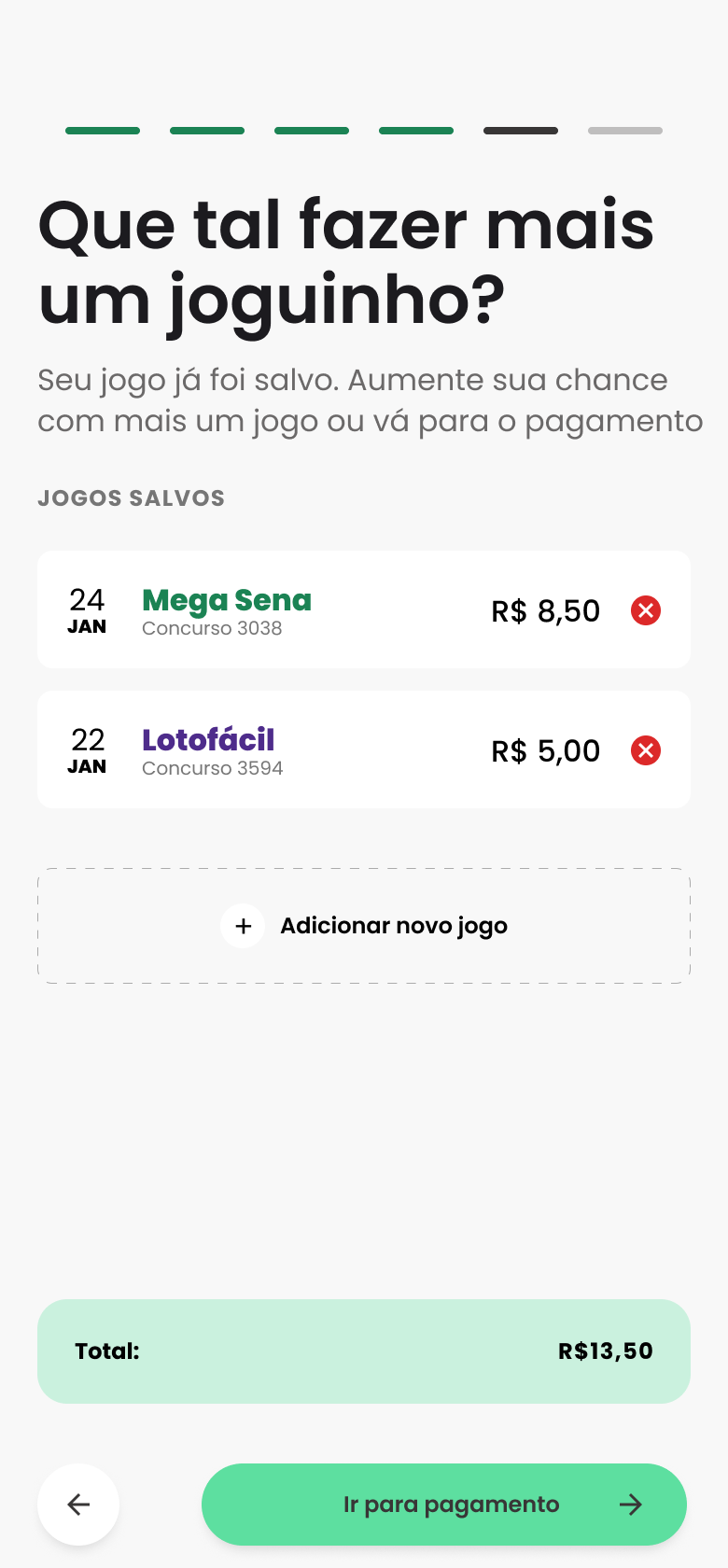 Tela perguntando se o usuário quer mais um jogo, com os jogos salvos e o total acumulado.