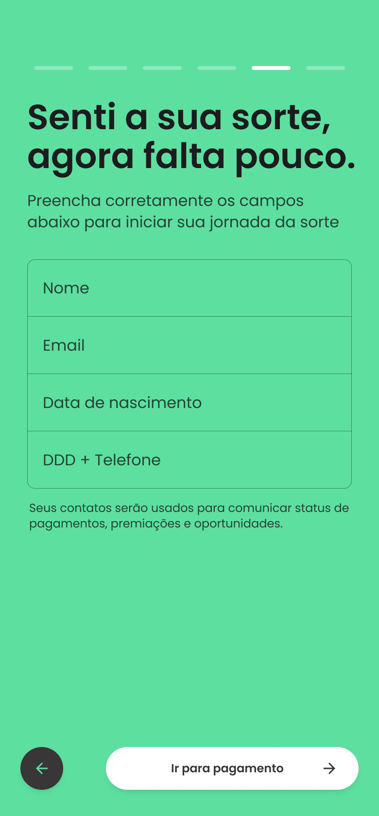 Formulário com nome, e-mail, data de nascimento e telefone, antes do pagamento.