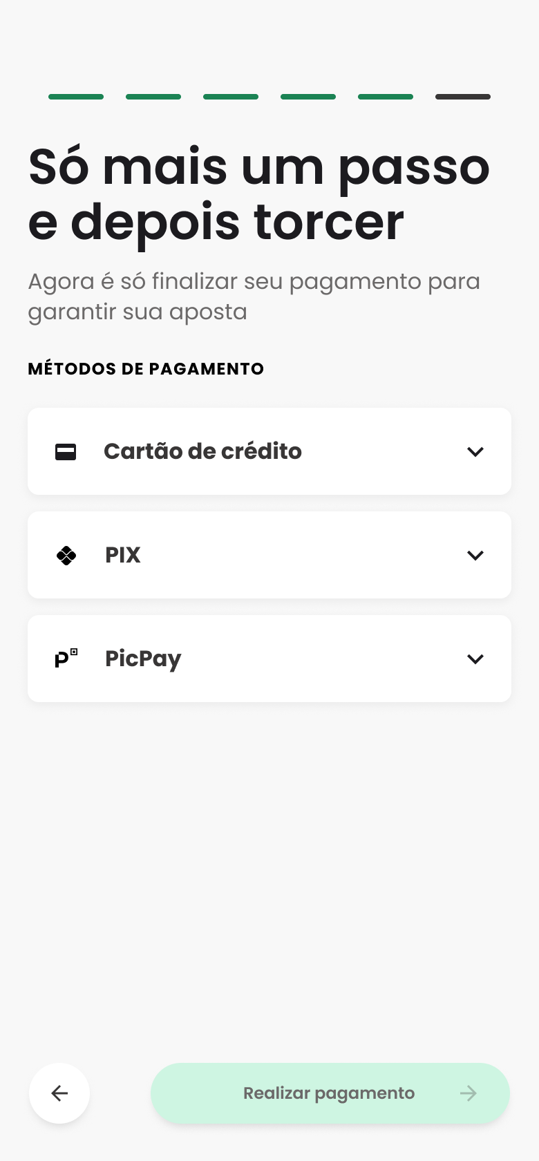 Métodos de pagamento recolhidos: cartão de crédito, PIX e PicPay.